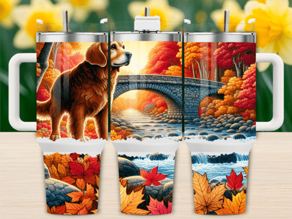 Autumn Dog Sunset Lake 40oz Tumbler Wrap Graphics
