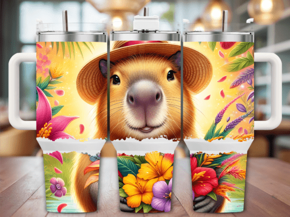 Cute Capybara Hat Flowers Tumbler Wraps Graphics