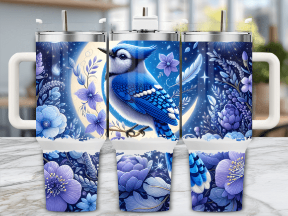 Moonlit Blue Jay Floral Sky Graphics for Tumbler Wraps