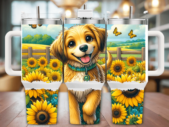 Puppy in Sunflowers 40oz Tumbler Wrap Graphics