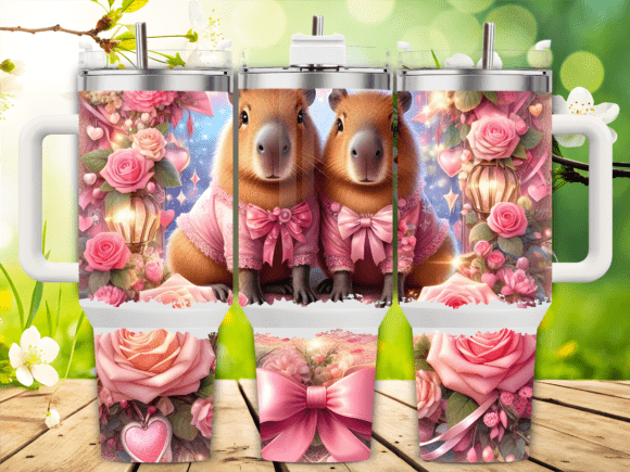 Romantic Capybara Pink Bow Tumbler Wraps Graphics