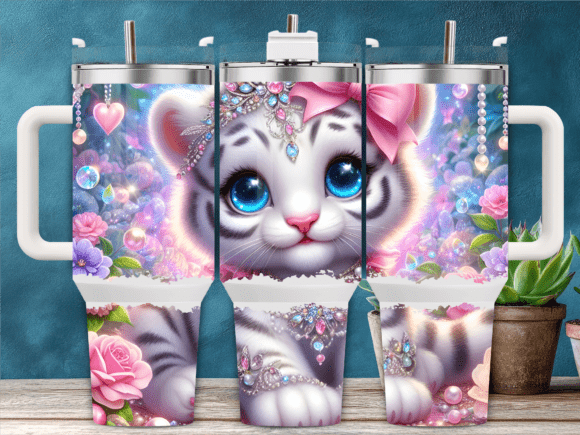 Sparkly White Tiger Flowers 40oz Tumbler Graphics