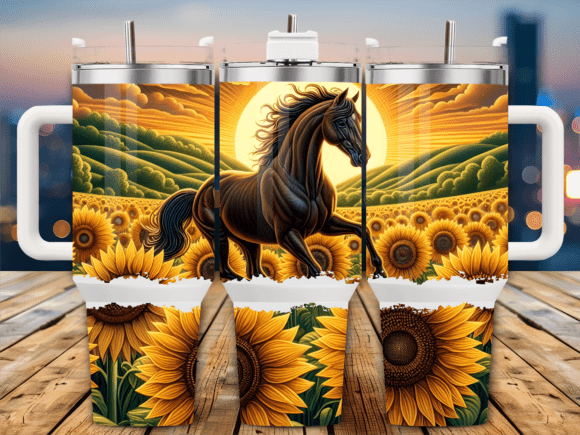 Sunflower Field Black Horse 40oz Tumbler Graphics