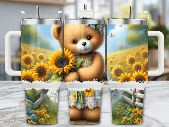 Sunflower Field Cute Bear Tumbler Wraps & Graphics