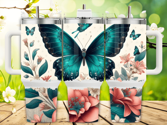 Teal Floral Butterfly Tumbler Wraps & Graphics