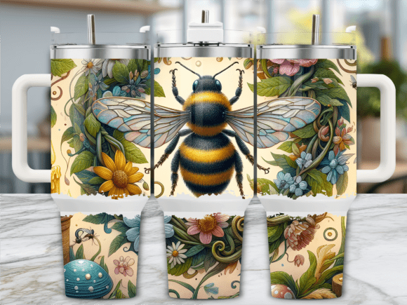 Vintage Floral Bee Line Art Graphics for Tumbler Wraps