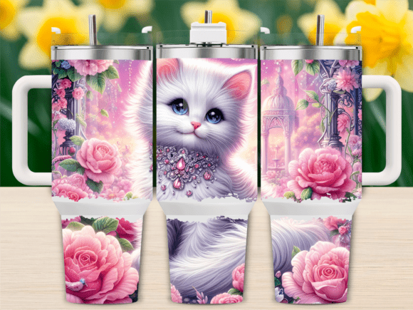White Persian Cat Floral 40oz Tumbler Graphics