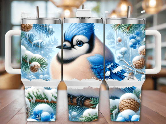 Winter Blue Jay Snow Pine 40oz Tumbler Graphics