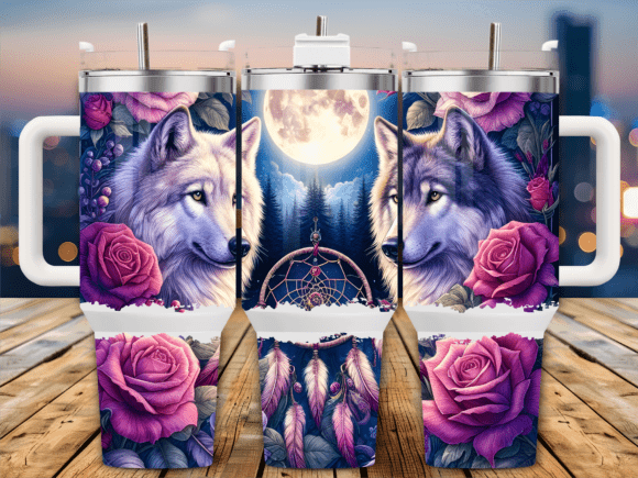 Wolf Dreamcatcher Roses 40oz Tumbler PNG Graphics